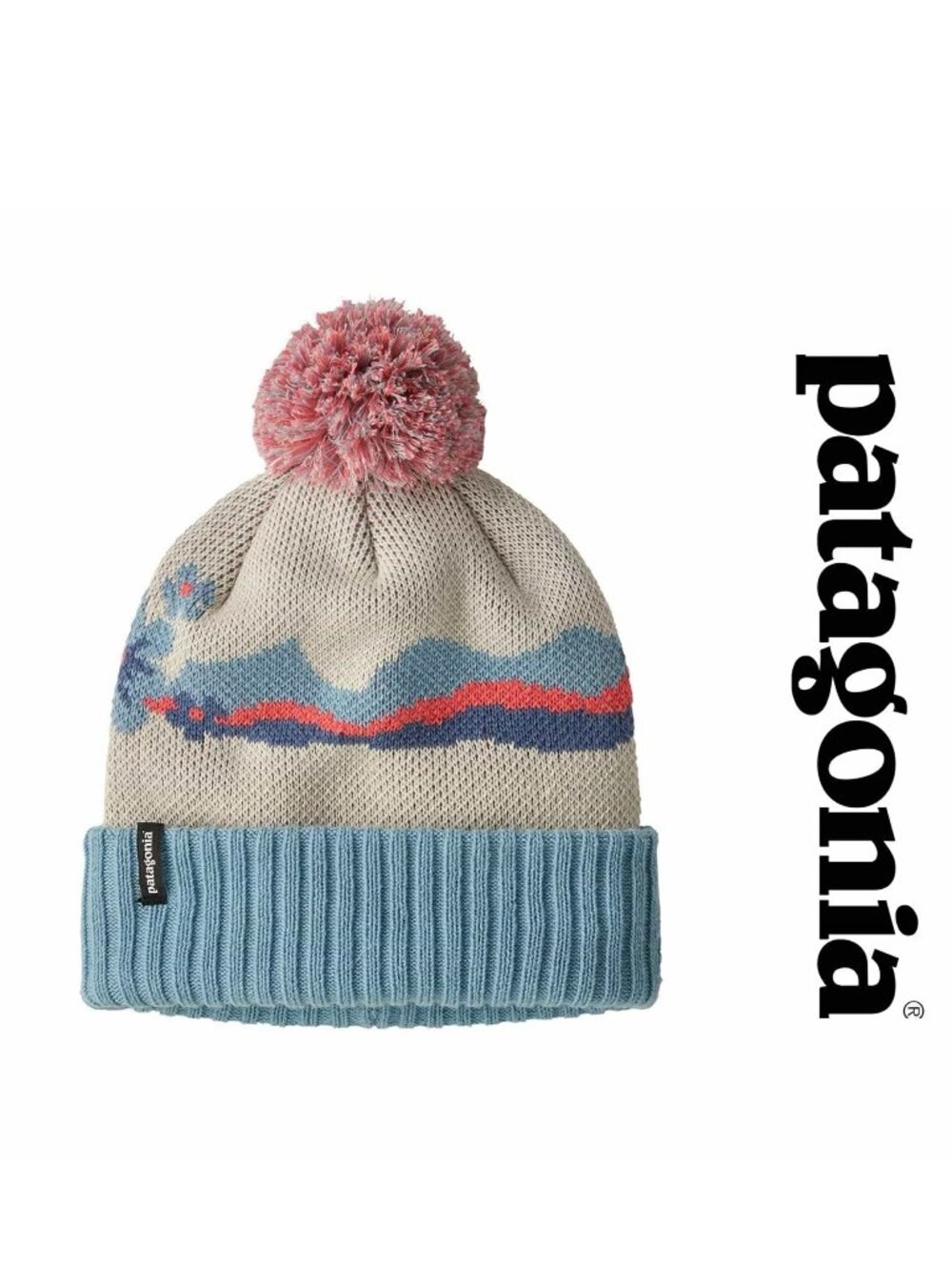 Patagonia | Pastel Pink, Cream & Blue Floral Powder Town Pom Beanie | Size Kids